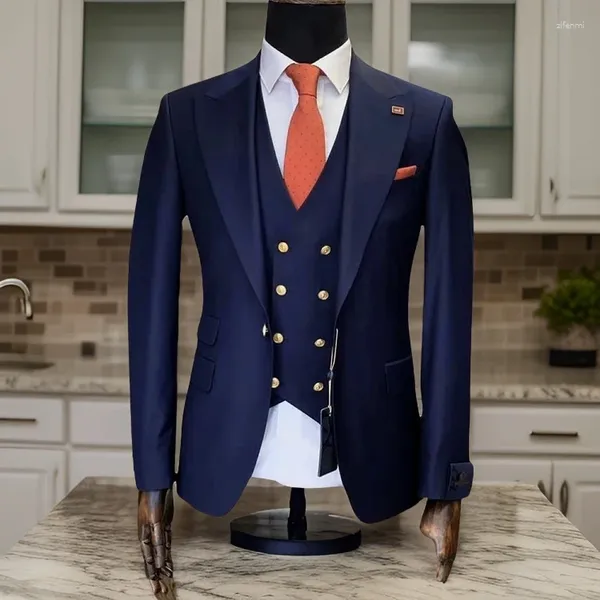 Trajes de hombre de negocios italianos para hombres boda novio esmoquin fiesta de graduación Slim Fit azul marino Caballero hecho a medida Blazer 3 piezas 2024