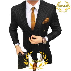 Trajes para hombre, traje de negocios para hombre, chaqueta a rayas, pantalones, 2 piezas, ropa de trabajo de oficina, solapa con punta, conjunto de chaqueta de esmoquin de boda para novio