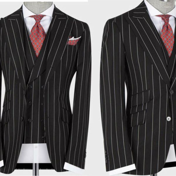 Costumes pour hommes d'affaires sur mesure 3 pièces costume noir rayé coupe cintrée veste de smoking manteau marié mariage formel bal sur mesure