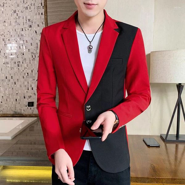 Trajes de hombre Blazer Casual Ropa de moda coreana Chaqueta de traje de retazos Hombre Verano Ropa fina y atractiva Abrigo ajustado Rojo Blanco Azul