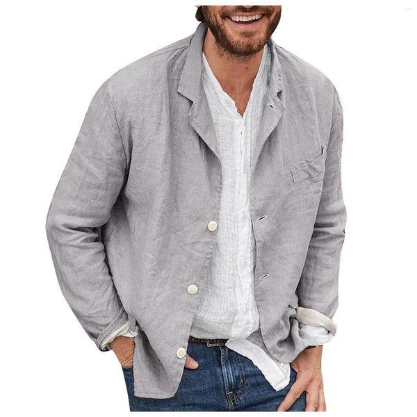 Trajes para hombre, blusa informal, camisa de lino y algodón, traje de Color sólido con cuello, Tops de manga larga para hombre, ropa de calle, Camisas Chemise Homme