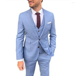 Costumes pour hommes décontracté bleu 3 pièces veste pantalon gilet plat simple boutonnage revers cranté longueur régulière