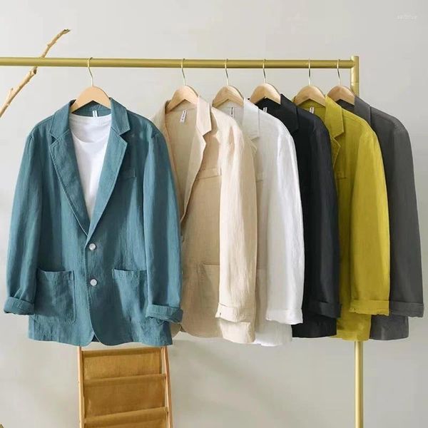 Trajes informales de lino y algodón para hombre, ropa ajustada a la moda, Blazers de negocios de Color sólido, chaquetas de gran tamaño, primavera 2023 N