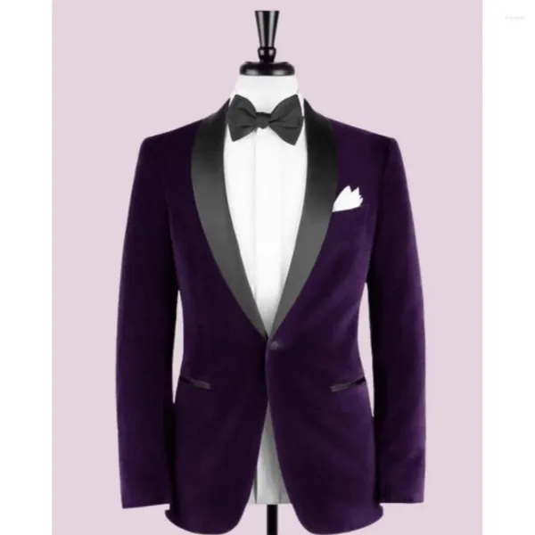 Trajes para hombres blazer morado casual de una pieza botón de solapa de chal negro