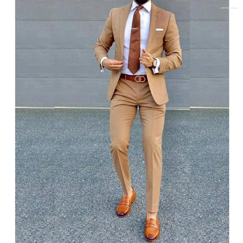 Men's Suits Casual Slim Fit 2 Piece Single Breasted Khaki Regular Length Skinny Fulll Set Formal Business Office Jacket Blazer