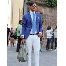 Costumes pour hommes Casual Élégant Manteau Bleu Avec Pantalon Blanc Hommes Pour Mariage 2 Pièces (Veste Cravate) Slim Terno Masculino Marié Revers Blazer