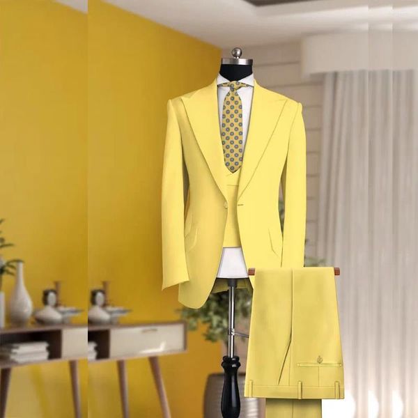 Costumes pour hommes décontracté jaune 3 pièces pantalon gilet de bal de bal de bal de luxe Blazer simple poitrine pignon poit