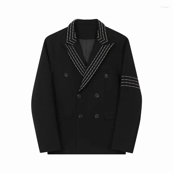 Trajes para hombre, chaqueta negra elegante, chaquetas con doble botonadura, líneas bordadas, ropa de calle universitaria para jóvenes, abrigo traje informal