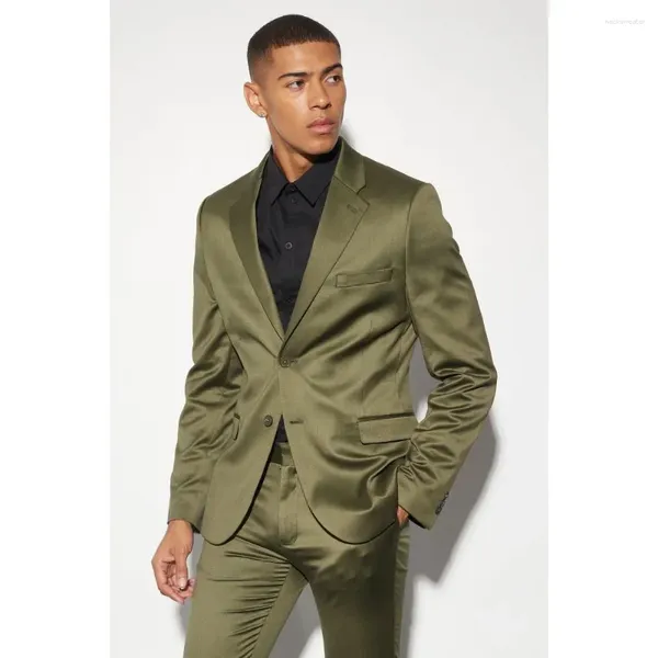 Costumes pour hommes Chic Satin Mâle Costume Armée Vert Mode Encoche Revers Deux Boutons 2 Pièces High Street Casual Graduation Porter Mariage Marié Tuxedo