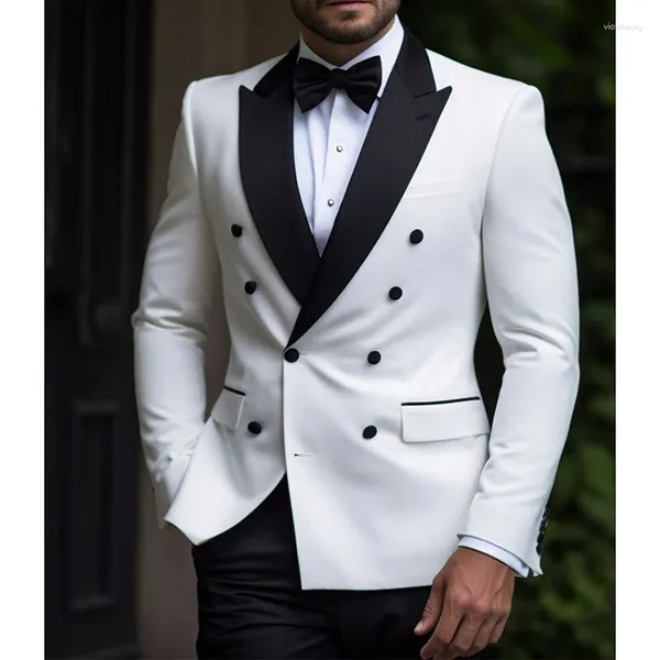 Costumes pour hommes, Blazer blanc Chic, pantalon noir, châle à revers, 2 pièces, Double boutonnage, tenues élégantes, Terno, vêtements de fête de bal