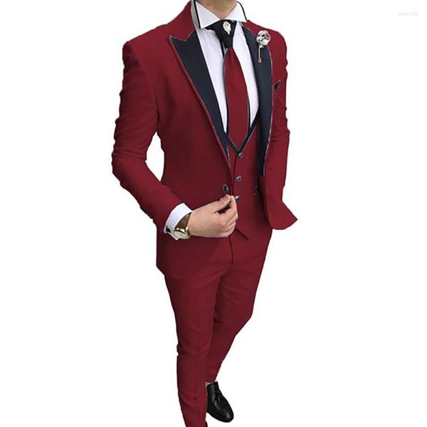 Costumes pour hommes chinois rouge mâle pour petit ami mariage noir revers à pointe un bouton décontracté fête 3 pièces veste pantalon gilet