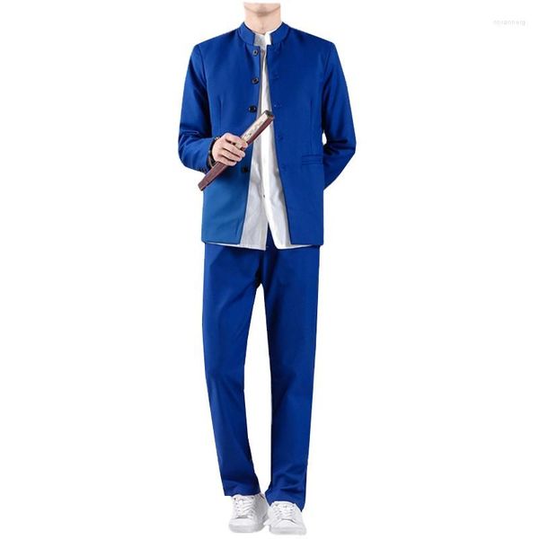 Trajes para hombre, traje con cuello levantado de estilo chino, chaqueta Blazer para hombre de 2 piezas y pantalones con cordones, conjuntos de vestido de boda de Color puro 2023