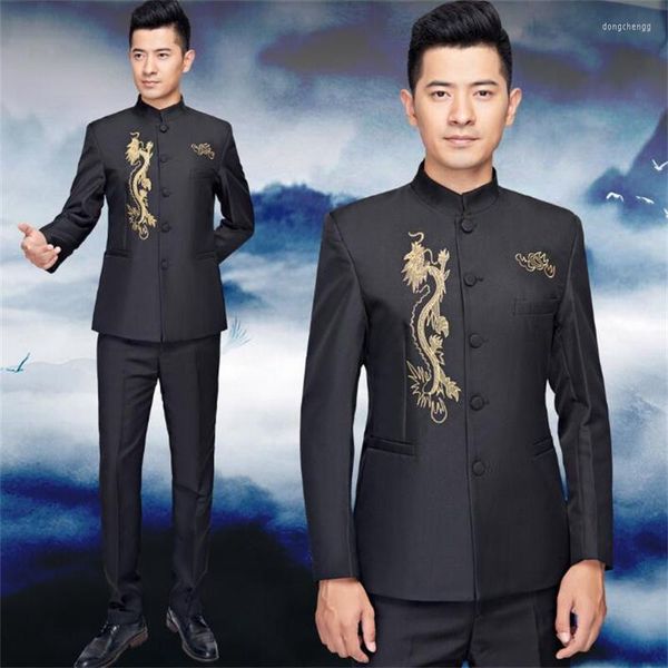 Costumes pour hommes tunique chinoise costume hommes motifs de broderie Masculino Homme Costumes de scène pour chanteurs Blazer vêtements de danse veste noir