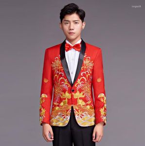 Costumes pour hommes chœur Style chinois pour hommes Blazer garçons bal Mariage mode Slim broderie Masculino dernières conceptions de manteau rouge