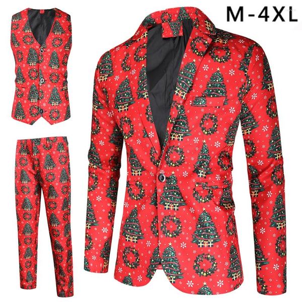 Trajes para hombres Árbol de Navidad Impreso Rojo Hombres Moda Fiesta de graduación Vestir Blazers Chaqueta Chaleco Pantalones Tallas grandes Traje delgado Homme