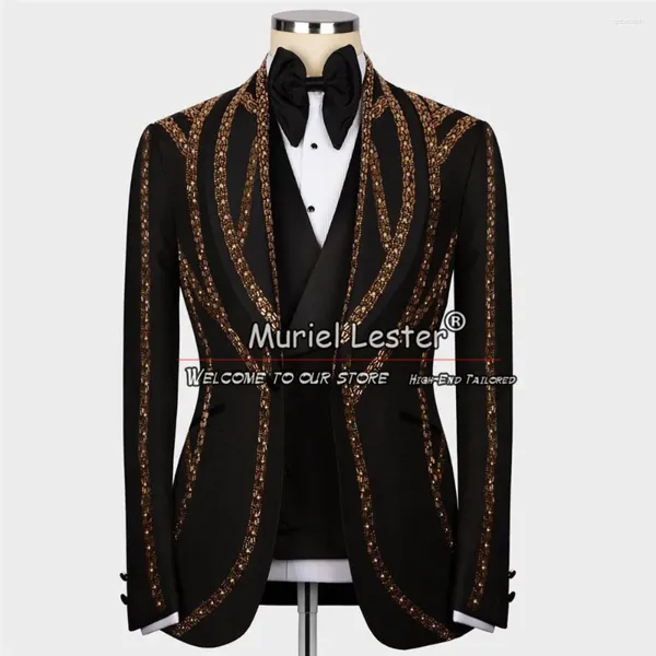 Costumes pour hommes Classique Noir Hommes Slim Fit Perles À La Main Designer Veste Gilet Pantalon 3 Pièces Marié Mariage Tuxedos Costume Sur Mesure Homme