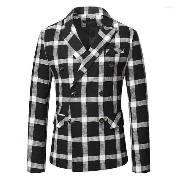 Costumes pour hommes Classique Noir Blanc Plaid Costume Blazer Hommes Tendance Décontracté Double Boutonnage Slim Fit Veste Manteau Affaires Quotidien Smoking Costume Homme