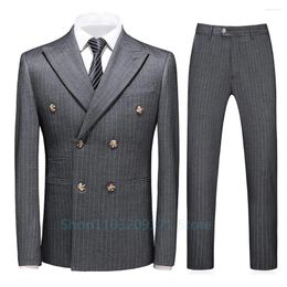 Costumes masculins Classic Gray Dark Striped Mens Slim Fit Business Blazer Double Breasted Wedding Groom Tuxedos 2 pièces Set Terno Masculino