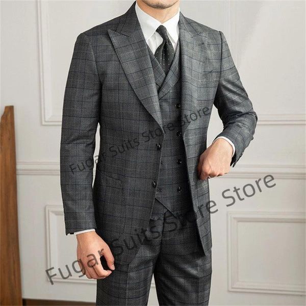 Costumes pour hommes Classique Gris Pied-de-poule Hommes Slim Fit Formel Mariage Marié Tuxedos 3 pièces Ensembles Veste D'affaires Pantalon Gilet À Double Boutonnage