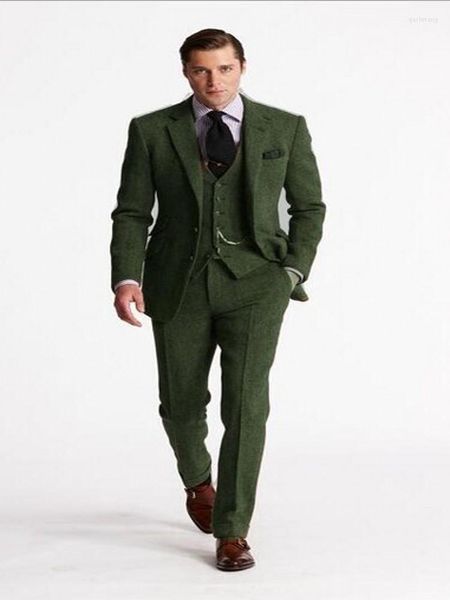 Trajes de hombre Traje de tweed verde clásico Hombres por encargo Slim Fit Boda para 3 piezas con pantalones Blazer de negocios inteligente