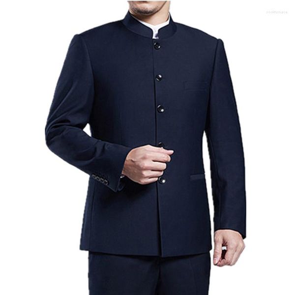 Trajes para hombres Conjunto de traje de montaña chino de negocios clásico para hombres Vestido de fiesta de boda de alta calidad de 2 piezas Pantalón rojo vino azul marino negro