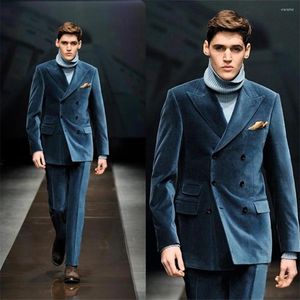 Herenpakken klassieke mannen est 2 stuks blauw corduroy bruiloft smoking tuxedos dubbele borsten blazers jasbroek op maat gemaakt