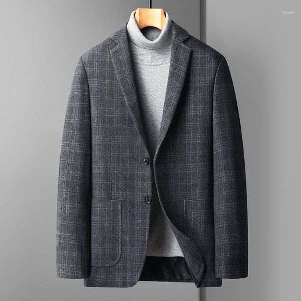 Trajes para hombres Estilo clásico Hombres Plaid Cashmere Blazers Gris Azul marino Café Patrón a cuadros Traje de lana de oveja Chaquetas Cálidas y suaves Outfies Atuendo 2023