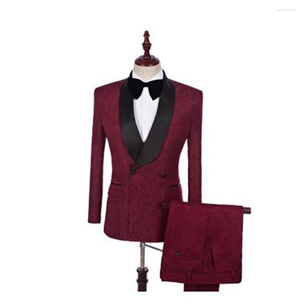 Trajes de hombre abrigo pantalón diseño último Borgoña rojo Jacquard 2 piezas esmoquin padrino boda completa Slim Fit Outfitterno Masculino