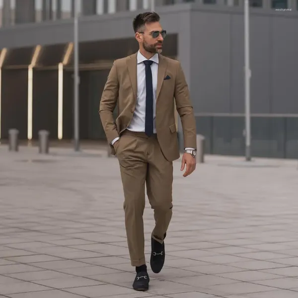 Costumes pour hommes café simple boutonnage revers cranté mode longueur régulière 2 pièces Blazer veste pantalon coupe cintrée Hombre marié Terno