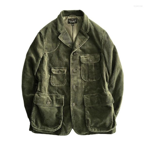 Costumes pour hommes Costume en velours côtelé Multi-poches Lâche Thcik Oliver Green Stripe Safari Jacket Printemps Automne Western Biker Vêtements vintage