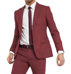 Costumes pour hommes Costume d'affaires en laine Tweed bordeaux 2 pièces veste de smoking à chevrons coupe ajustée pour fête de mariage bal (pantalon blazer)