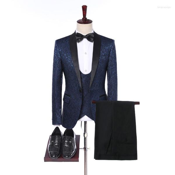 Trajes de hombre Traje Homme 3 piezas Traje de hombre Conjunto 2023 Último abrigo Pantalón Diseño Moda Azul Floral Slim Fit Terno Vestido de novia Novio Esmoquin