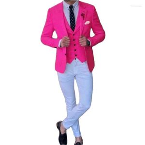 Trajes para hombres disfraz homme moda chaqueta roja rosa chaleco pantalón blanco ajustado de los hombres delantos de la boda del novio para blazer sets