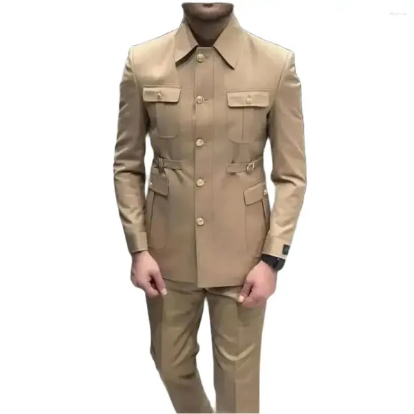 Trajes de hombre traje Homme botón dorado Safari hombres 2 piezas fiesta de boda novio cierre cuello Slim Fit Blazers de negocios