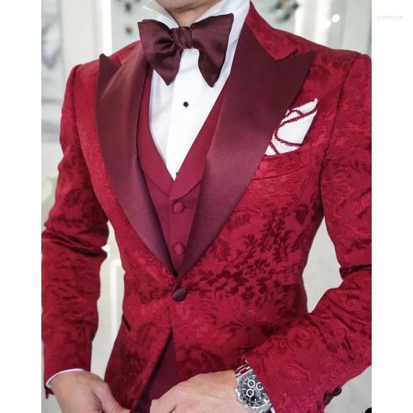 Costumes pour hommes Costume Homme mariage rouge motif Floral mariage marié hommes 3 pièces smoking Slim Fit Homme Blazer veste pantalon gilet