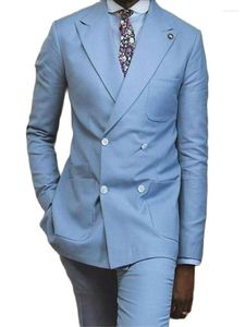 Trajes de hombre Traje Homme Hombres Traje de boda Azul claro Hombre Blazer Pantalones 2 piezas Chaqueta Pantalones Novio Padrinos de boda Ropa a medida