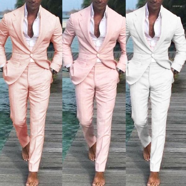 Trajes de hombre traje Homme traje rosa para padrino playa boda Lino 2023 verano 2 piezas hombre vacaciones hecho