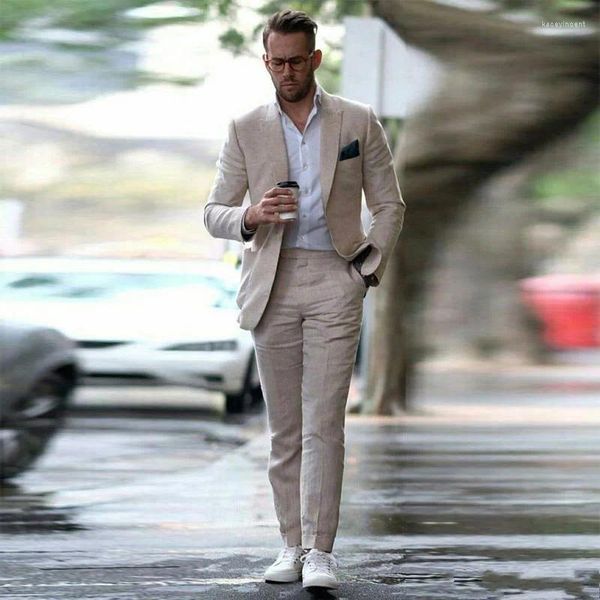 Trajes de hombre Traje Homme Verano Playa Lino Boda Slim Fit Hombres Novio Solapa en pico Novio 2 piezas (Chaqueta Pantalón)