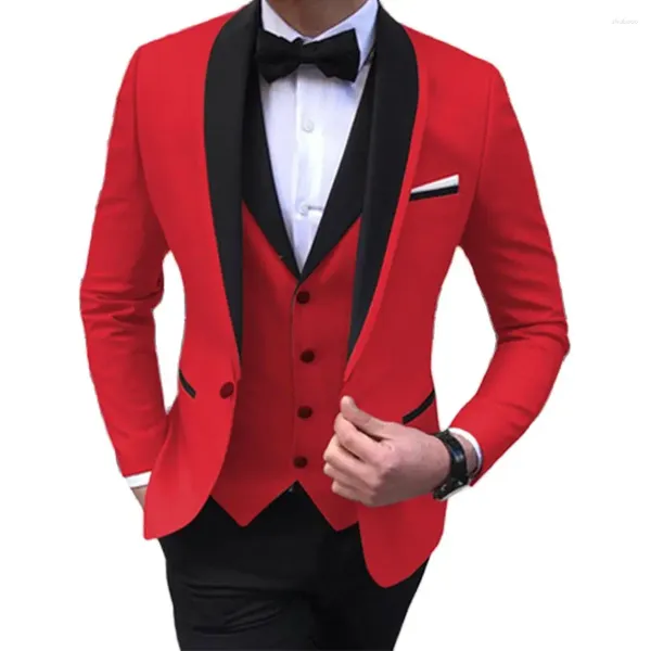 Costumes pour hommes Costume rouge hommes avec châle noir revers fête Slim Fit Tuxedos Costume de bal pour mariage 3 pièces (veste pantalon gilet)