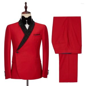 Herenpakken Kostuum Rode Single Breasted Mannen Zwarte Sjaal Revers Slim Fit Bruiloft Bruidegom Prom Terno Masculino Blazer 2 Stuks Jas Broek