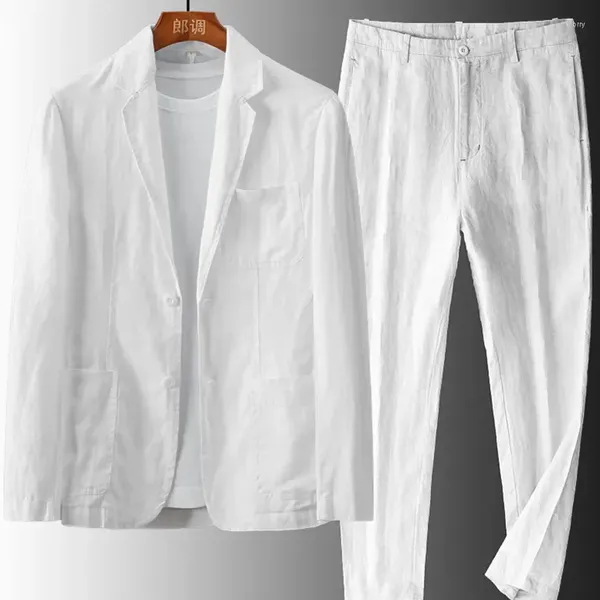 Trajes de hombre Traje de 2 piezas de algodón y lino para hombre Chaqueta de estilo exquisito con bolsillos Negro Blanco Informal Formal