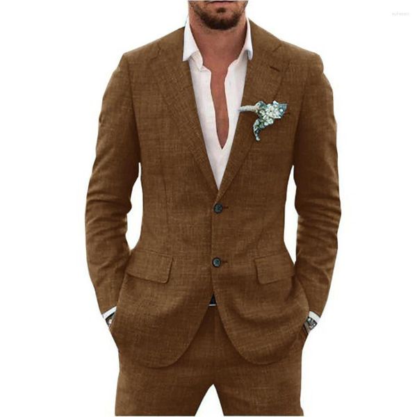 Trajes de hombre traje de lino de algodón traje de tela conjunto de 2 piezas elegante hombre cuello de solapa con muescas chaqueta de alta calidad de un solo pecho