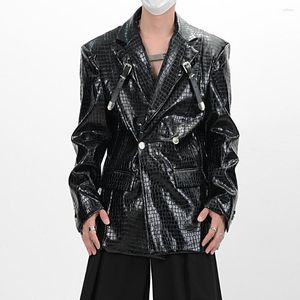 Trajes para hombre con estampado de cocodrilo, hombreras, abrigo de traje de cuero, ropa de calle para hombre, chaqueta holgada informal de gran tamaño, chaquetas de alta calidad