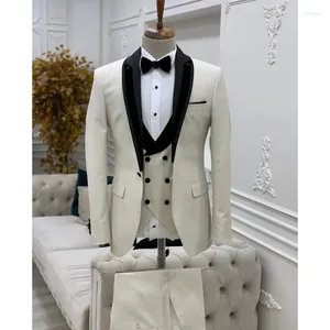 Costumes pour hommes personnalisés noir châle revers ensembles formels ivoire Blazer pantalon mariage marié vêtements 3 pièces veste pantalon gilet tenue