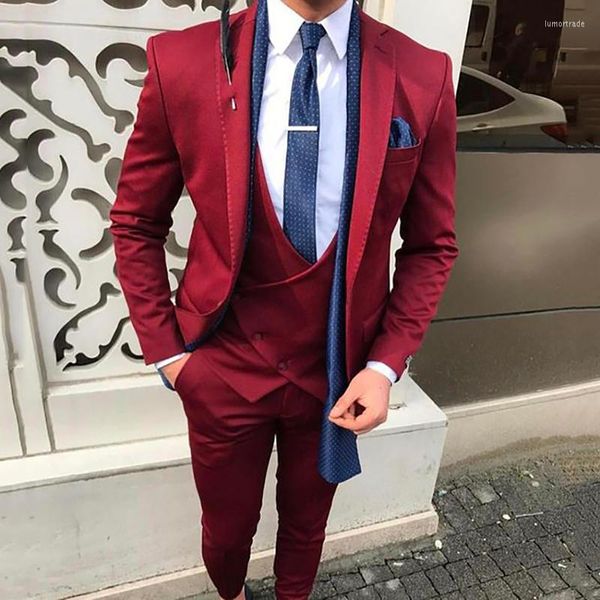 Trajes de hombre personalizados traje rojo vino Borgoña Slim Fit Street Smart Business Prom Party hombres Blazer boda para el novio hombre