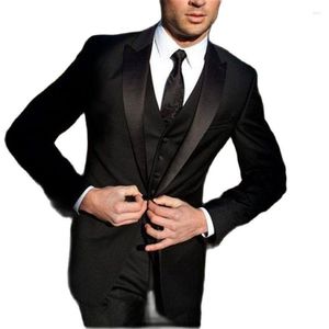 Costumes pour hommes sur mesure en satin noir revers pointu hommes ensembles pour mariage 3 pièces (veste pantalon gilet cravate) dernier manteau Blazer pantalon Masculino