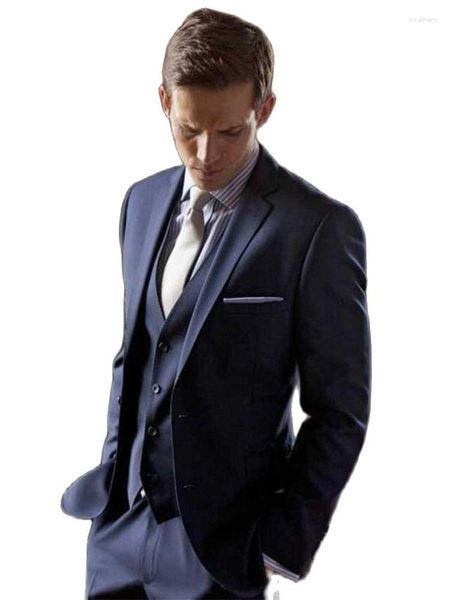 Trajes para hombres Blazer hecho a medida Pantalones 2 botones Azul marino Novio Esmoquin Muesca Solapa Padrinos de boda Trajes de boda (Chaqueta Pantalones Chaleco Corbata)