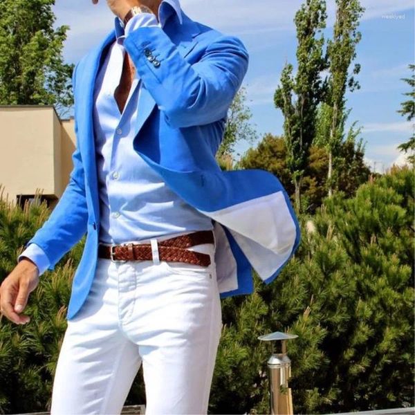 Trajes de hombre Traje de hombre azul hecho a medida Slim Fit Casual Novio Prom Blazer 2 piezas Vestido de esmoquin Ropa Estilo de playa de verano (chaqueta pantalón)