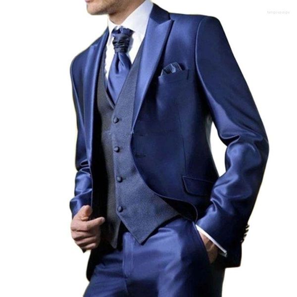 Costumes pour hommes Costume sur mesure Homme bleu vif Satin hommes 3 pièces arrivée Tuxedos pour hommes fête mariage Banquet mâle ensemble