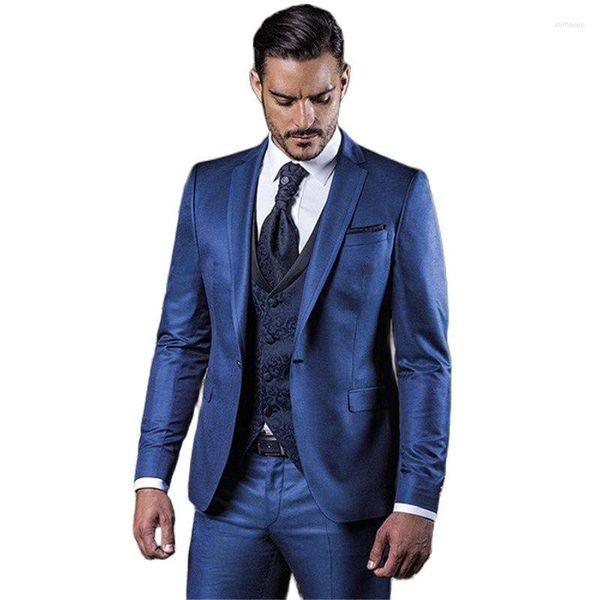 Trajes para hombre, chaqueta azul oscuro hecha a medida, pantalones, esmoquin para novio, traje a medida, traje de boda para hombre, chaqueta de 3 uds, pantalones, chaleco estampado